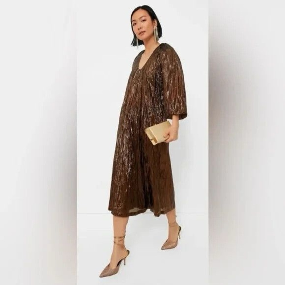Tuckernuck Hyacinth House Brown Metallic Pleated Dress Small NWT